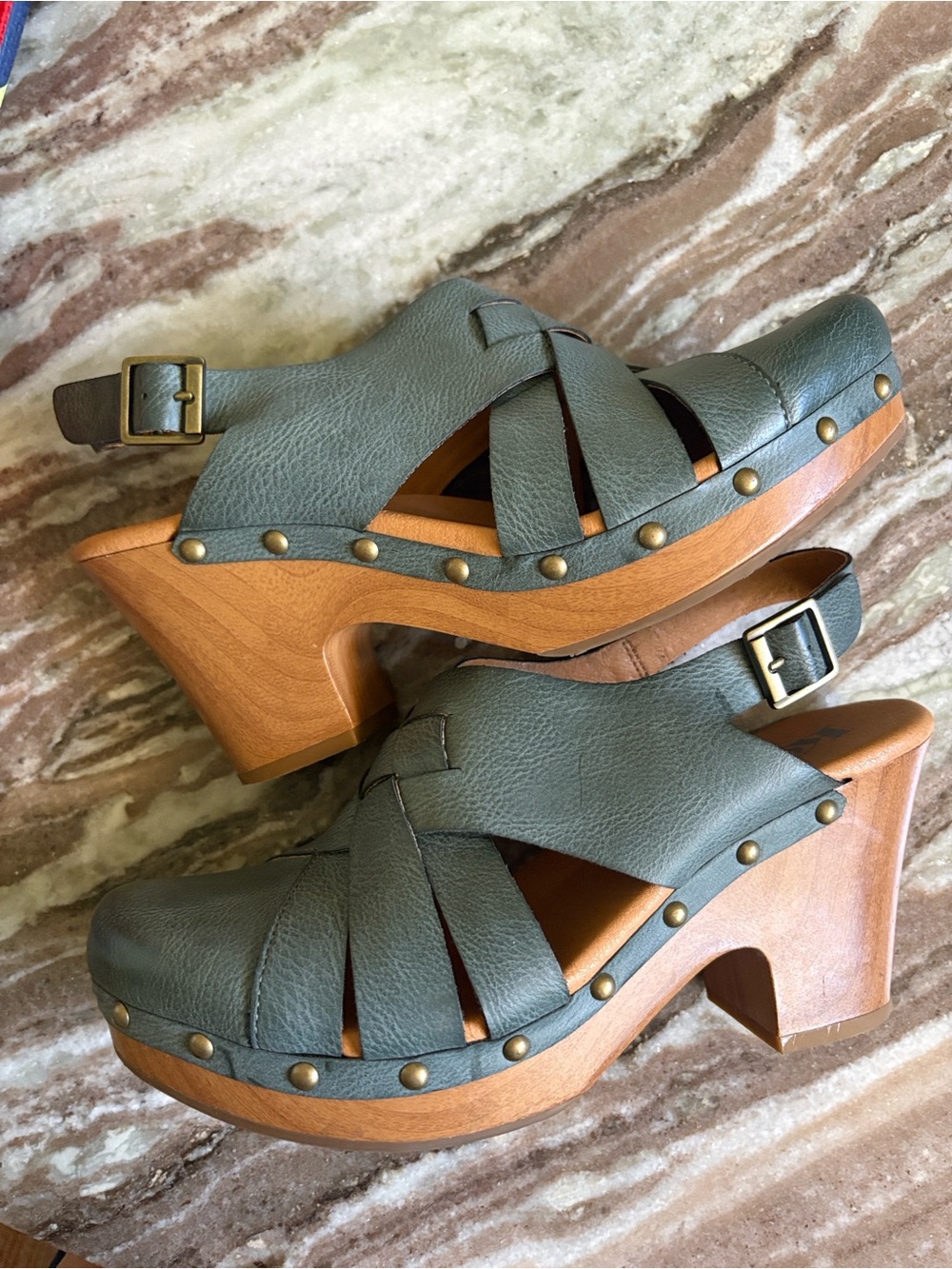 Kork-Ease Teal Leather Woven Slingback Clogs - Picture 3 of 5